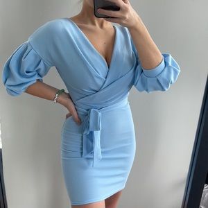 Off the Shoulder bodycon dress baby blue boohoo